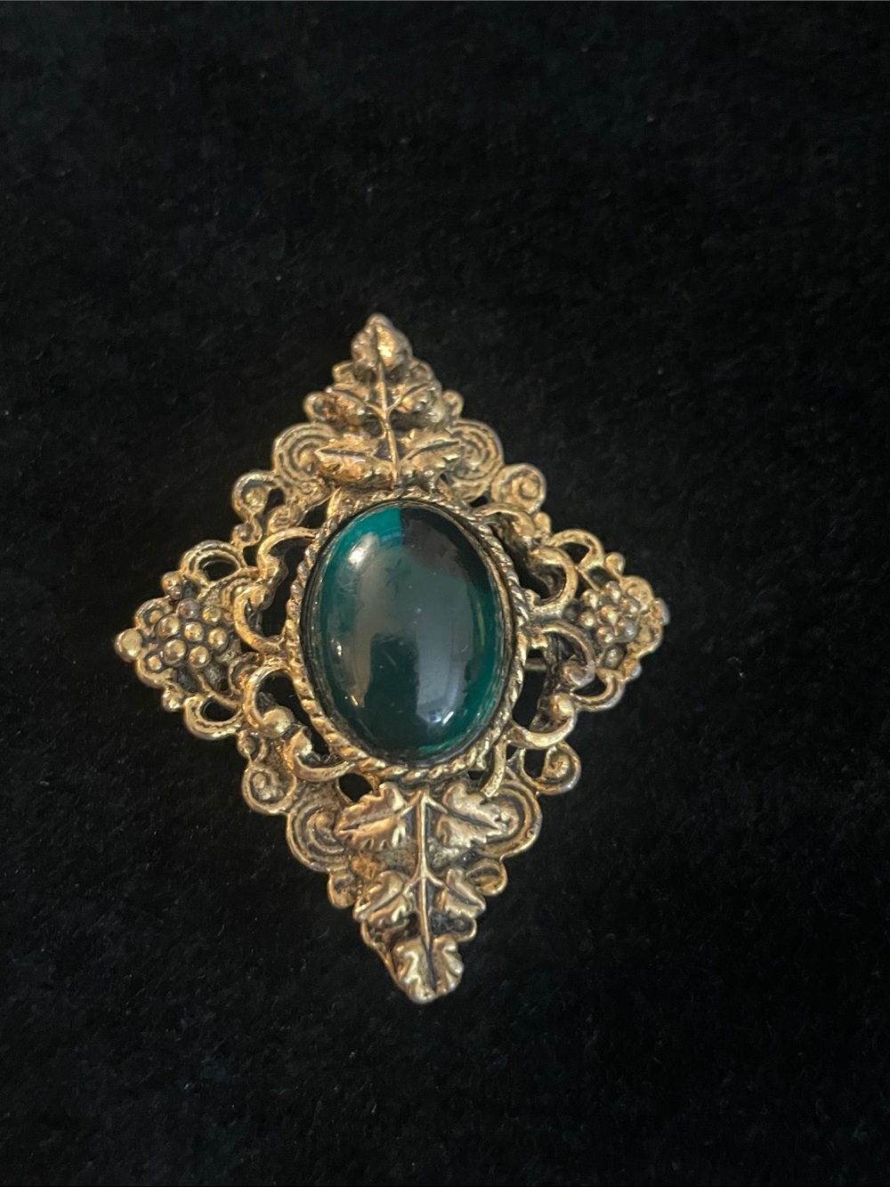 Vintage Gold Tone Filigree Brooch with Dark Teal Cabochon